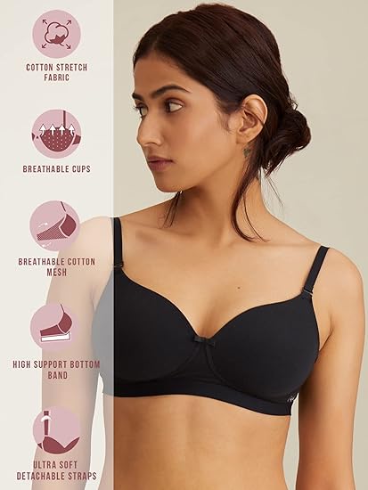 NYKD by Nykaa Breathe Cotton Transparent Back Padded Non-Wired T-Shirt Bra for Women – Black, NYB007